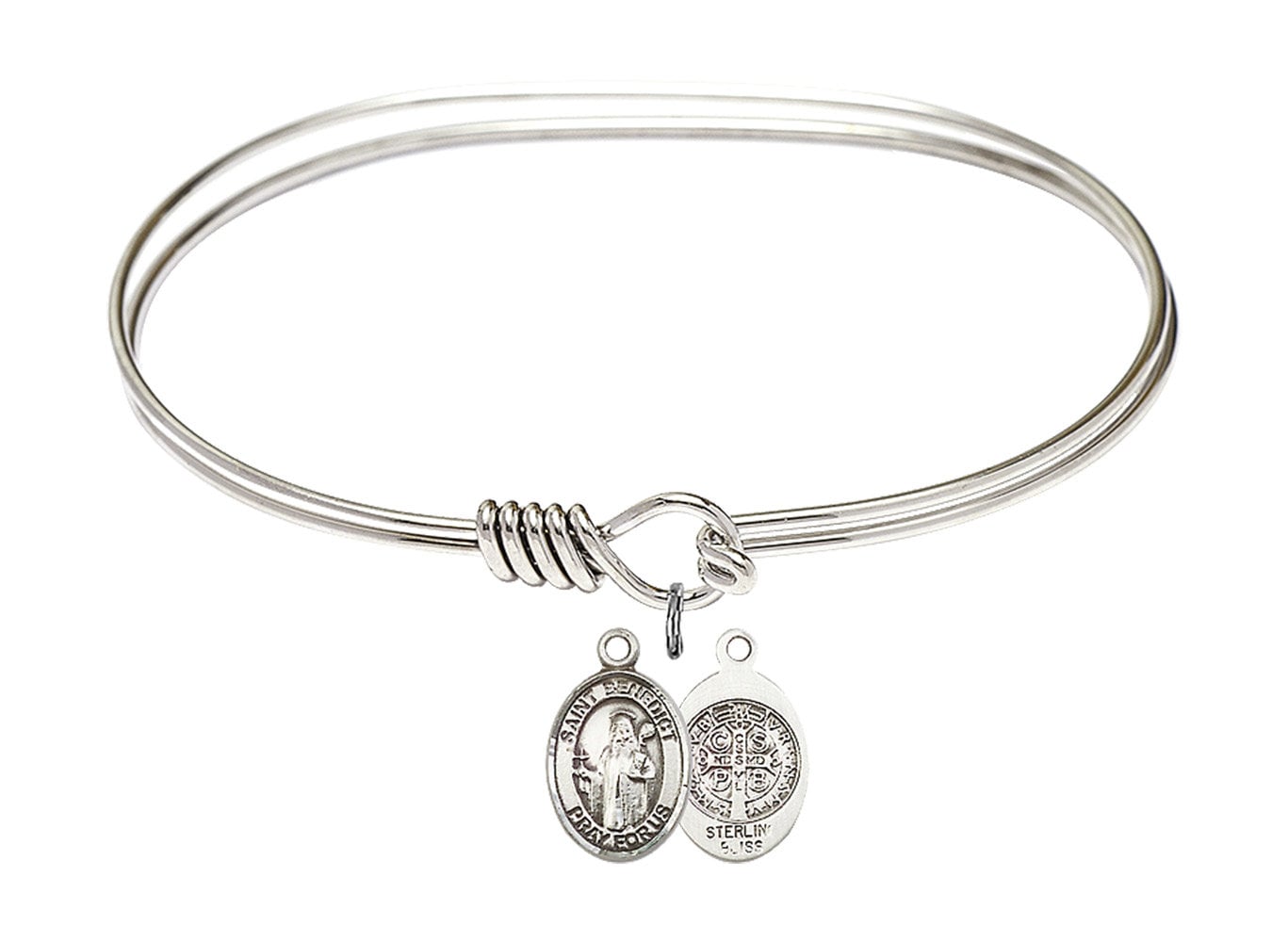 Saint Benedict Sterling Silver Charm on a 7 inch Oval Eye Hook Rhodium Bangle Bracelet