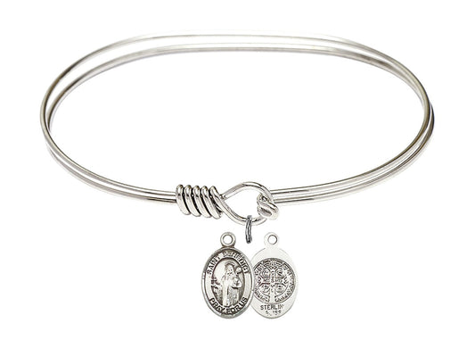 Saint Benedict Sterling Silver Charm on a 7 inch Oval Eye Hook Rhodium Bangle Bracelet
