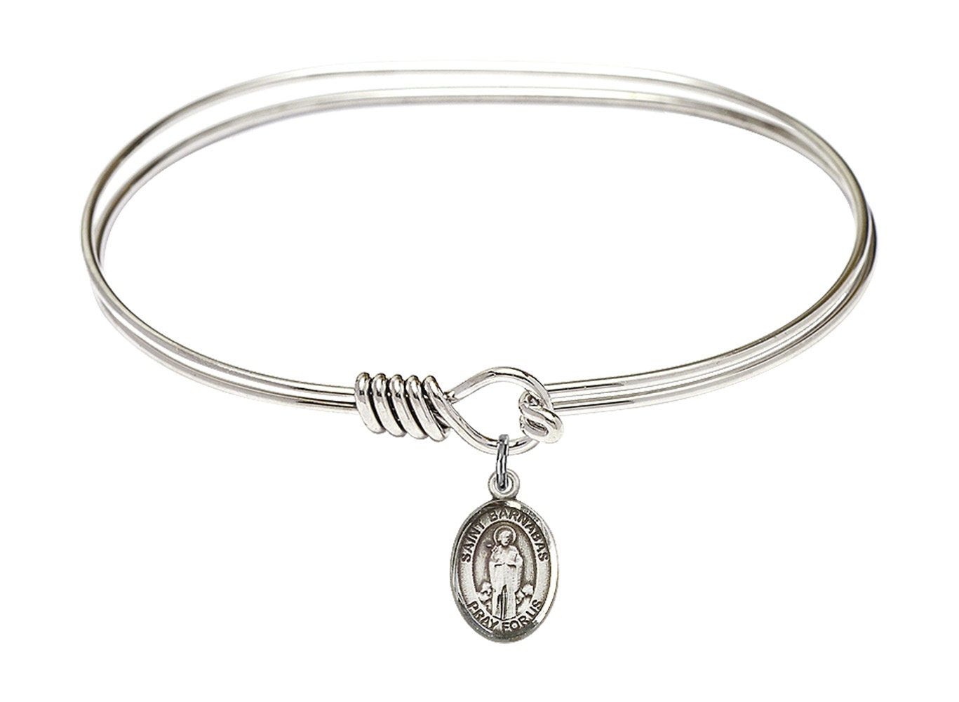 Saint Barnabas Sterling Silver Charm on a 7 inch Oval Eye Hook Rhodium Bangle Bracelet