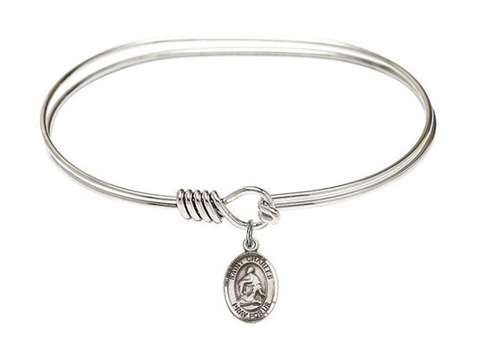 Saint Charles Borromeo Sterling Silver Charm on a 7 inch Oval Eye Hook Rhodium Bangle Bracelet