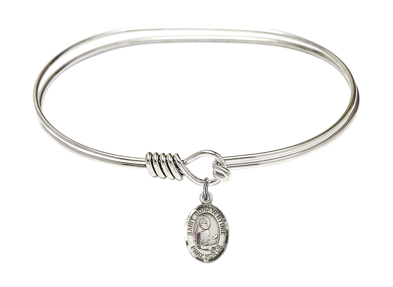 Saint Bonaventure Sterling Silver Charm on a 7 inch Oval Eye Hook Rhodium Bangle Bracelet