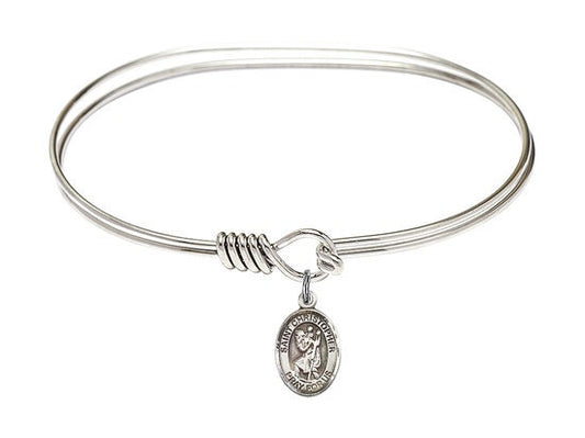 Saint Christopher Sterling Silver Charm on a 7 inch Oval Eye Hook Rhodium Bangle Bracelet