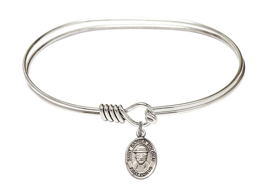Saint Damien of Molokai Sterling Silver Charm on a 7 inch Oval Eye Hook Rhodium Bangle Bracelet