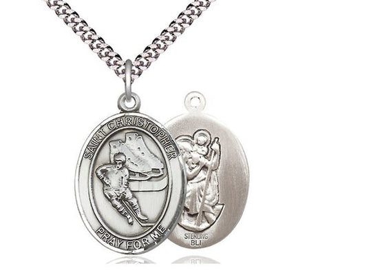 St Christopher Hockey Sterling Silver Pendant on a 24 inch Light Rhodium Heavy Curb Chain.