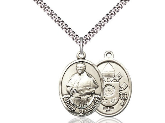 Pope Francis Sterling Silver Pendant on a 24 inch Light Rhodium Heavy Curb Chain.