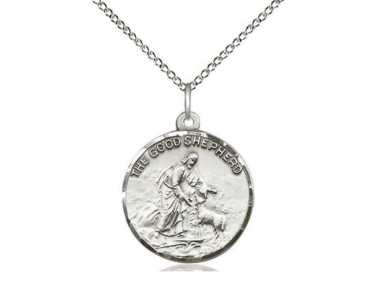 Sterling Silver Good Shepherd Pendant on a 18 inch Sterling Silver Light Curb Chain.