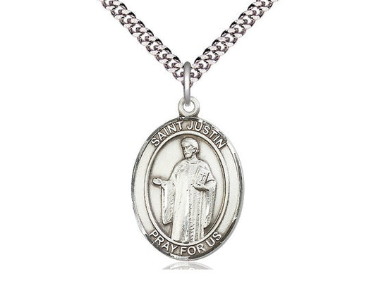 St Justin Sterling Silver Pendant on a 24 inch Light Rhodium Heavy Curb Chain.