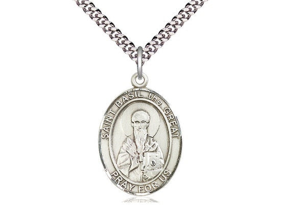 St Basil the Great Sterling Silver Pendant on a 24 inch Light Rhodium Heavy Curb Chain.