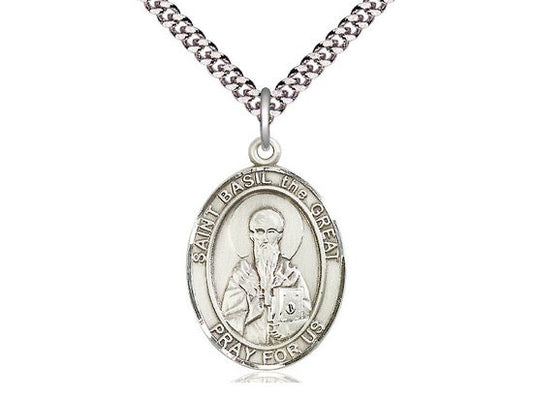 St Basil the Great Sterling Silver Pendant on a 24 inch Light Rhodium Heavy Curb Chain.