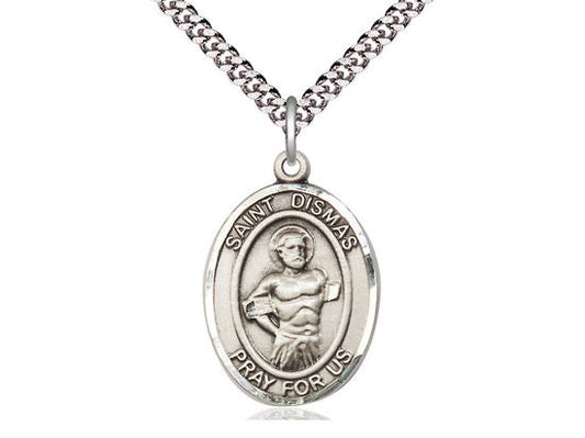 St Dismas Sterling Silver Pendant on a 24 inch Light Rhodium Heavy Curb Chain.