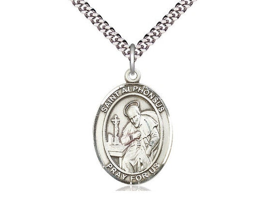 St Alphonsus Sterling Silver Pendant on a 24 inch Light Rhodium Heavy Curb Chain.