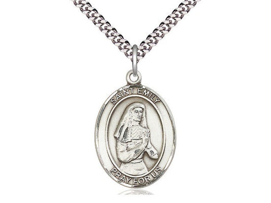 St Emily de Vialar Sterling Silver Pendant on a 24 inch Light Rhodium Heavy Curb Chain.