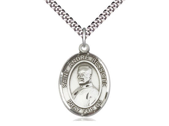 St Andre Bessette Sterling Silver Pendant on a 24 inch Light Rhodium Heavy Curb Chain.