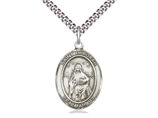 St Deborah Sterling Silver Pendant on a 24 inch Light Rhodium Heavy Curb Chain.