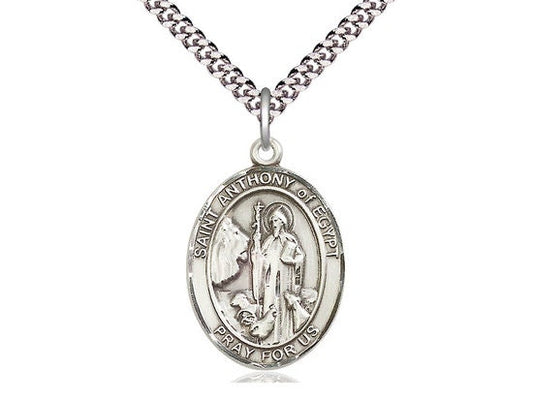St Anthony of Egypt Sterling Silver Pendant on a 24 inch Light Rhodium Heavy Curb Chain.