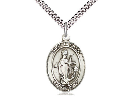 St Clement Sterling Silver Pendant on a 24 inch Light Rhodium Heavy Curb Chain.