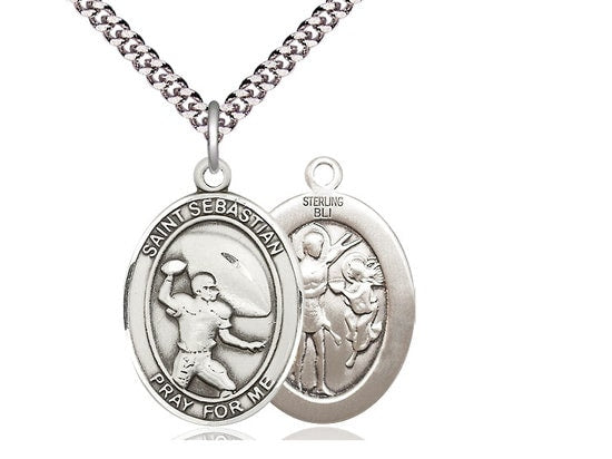 St Sebastian Football Sterling Silver Pendant on a 24 inch Light Rhodium Heavy Curb Chain.