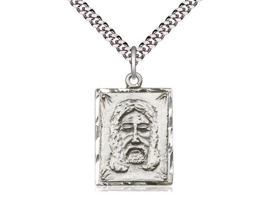 Sterling Silver Holy Face Pendant on a 24 inch Light Rhodium Heavy Curb Chain.