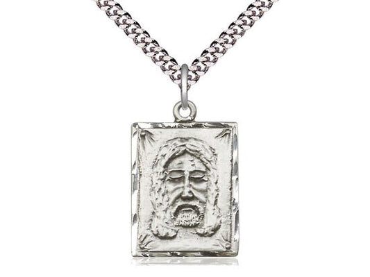 Sterling Silver Holy Face Pendant on a 24 inch Light Rhodium Heavy Curb Chain.