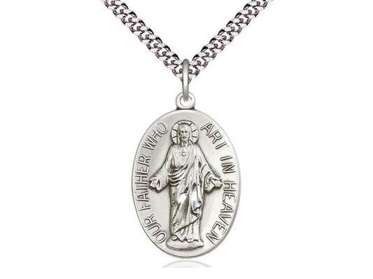 Sterling Silver Our Father Pendant on a 24 inch Light Rhodium Heavy Curb Chain.