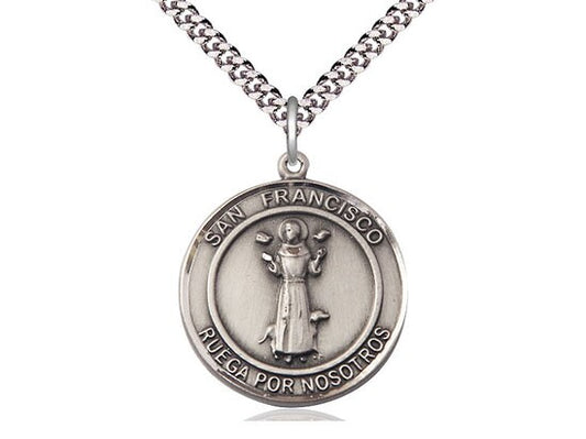 San Francis of Assisi Sterling Silver Pendant on a 24 inch Light Rhodium Heavy Curb Chain.