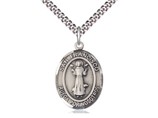 San Francis Sterling Silver Pendant on a 24 inch Light Rhodium Heavy Curb Chain.
