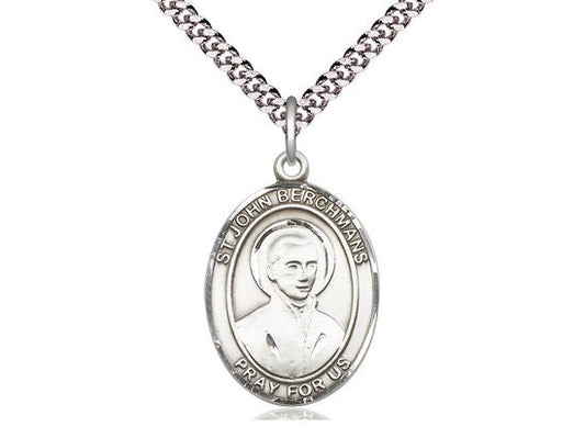 St John Berchmans Sterling Silver Pendant on a 24 inch Light Rhodium Heavy Curb Chain.