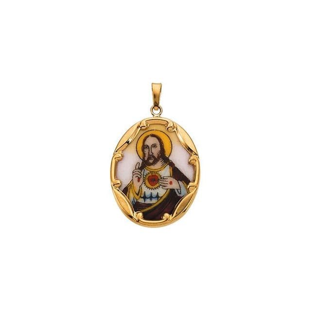 Yellow 17x13.5  mm Sacred Heart of Jesus Hand-Painted Porcelain Pendant