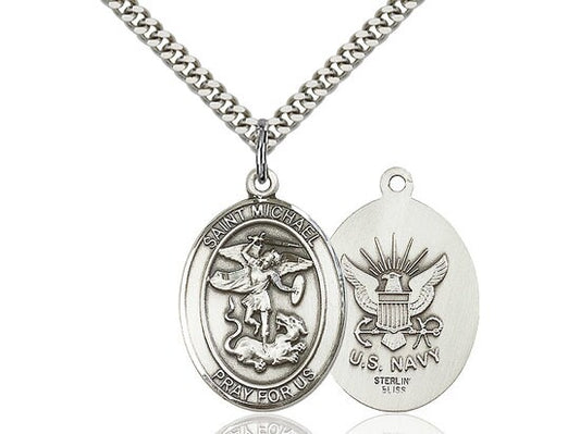 St Michael Navy Sterling Silver Pendant  on a 24 inch Light Rhodium Heavy Curb Chain.