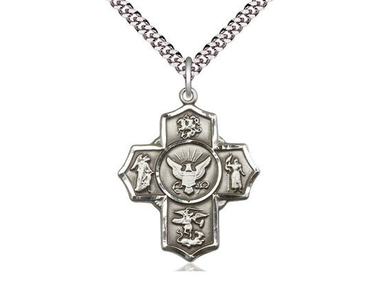 5-Way Navy Sterling Silver Pendant on a 24 inch Light Rhodium Heavy Curb Chain.