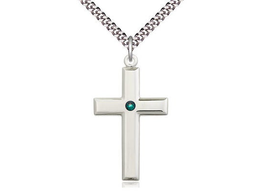 Sterling Silver Cross Pendant with a 3mm Emerald Swarovski stone on a 24 inch Light Rhodium Heavy Curb Chain.