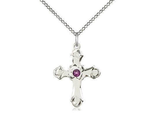 Sterling Silver Cross Pendant with a 3mm Amethyst Swarovski stone on a 18 inch Sterling Silver Light Curb Chain.