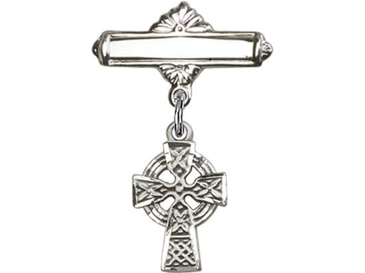 Sterling Silver Baby Badge with Celtic Cross Charm and Polished Badge Pin