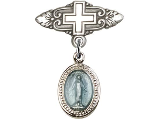 Sterling Silver Baby Badge with Blue Religious  Charm and Badge Pin with Cross