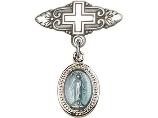 Sterling Silver Baby Badge with Blue Religious  Charm and Badge Pin with Cross