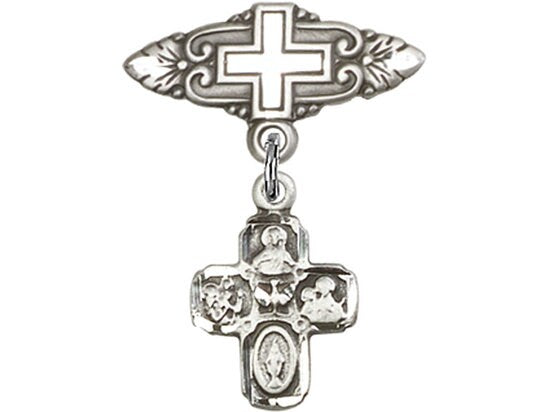 Sterling Silver Baby Badge with 4-Way Charm and Badge Pin with Cross