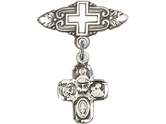 Sterling Silver Baby Badge with 4-Way Charm and Badge Pin with Cross