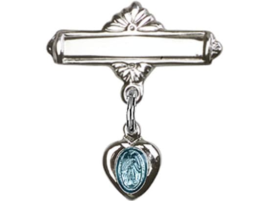 Sterling Silver Baby Badge with Blue Religious  Charm and Polished Badge Pin