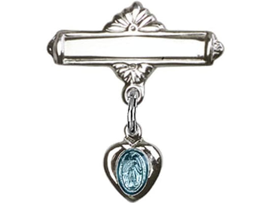 Sterling Silver Baby Badge with Blue Religious  Charm and Polished Badge Pin