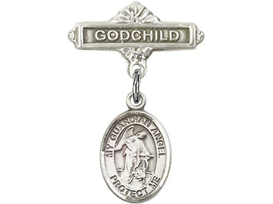 Sterling Silver Baby Badge with Guardian Angel Charm and Godchild Badge Pin