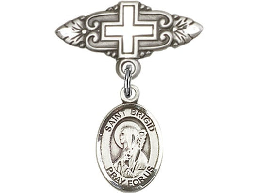 Sterling Silver Baby Badge with St. Brigid of Ireland Charm and Badge Pin with Cross