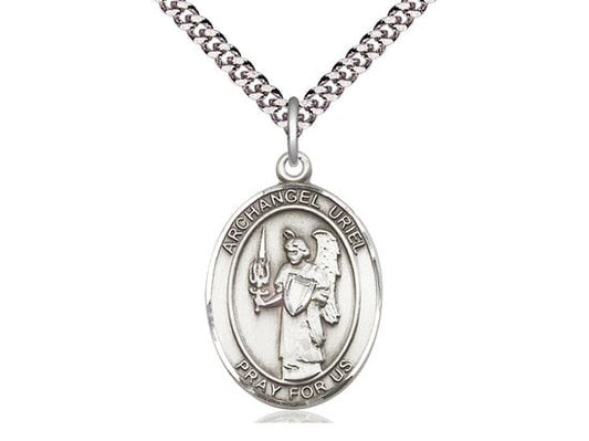 St Uriel the Archangel Sterling Silver Pendant on a 24 inch Light Rhodium Heavy Curb Chain.
