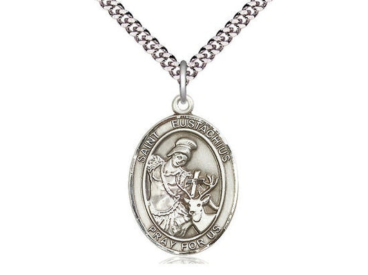 St Eustachius Sterling Silver Pendant on a 24 inch Light Rhodium Heavy Curb Chain.