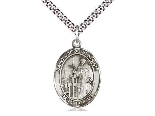 St Jacob of Nisibis Sterling Silver Pendant on a 24 inch Light Rhodium Heavy Curb Chain.
