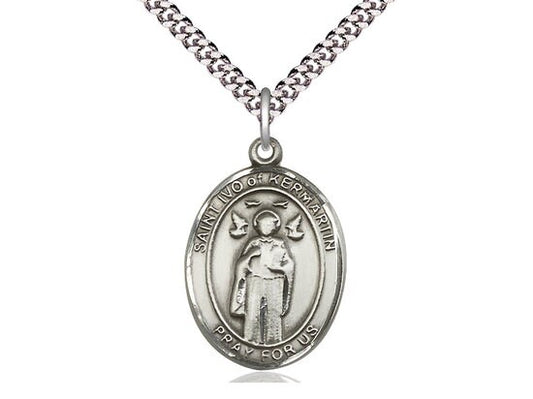 St Ivo Sterling Silver Pendant on a 24 inch Light Rhodium Heavy Curb Chain.