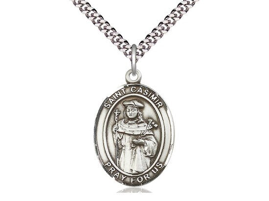 St Casimir of Poland Sterling Silver Pendant on a 24 inch Light Rhodium Heavy Curb Chain.