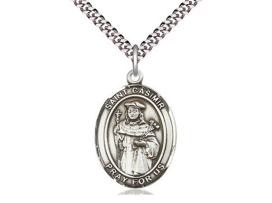 St Casimir of Poland Sterling Silver Pendant on a 24 inch Light Rhodium Heavy Curb Chain.