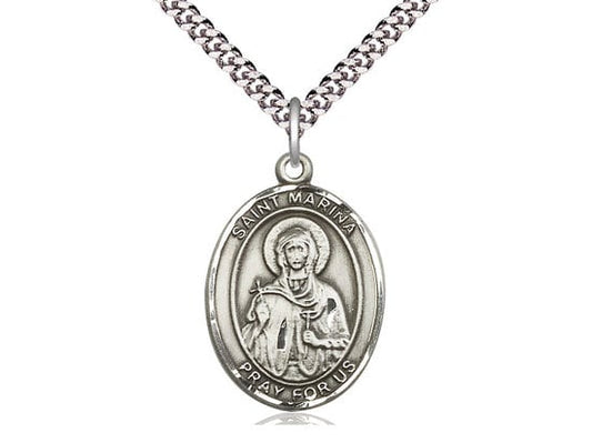 St Marina Sterling Silver Pendant on a 24 inch Light Rhodium Heavy Curb Chain.