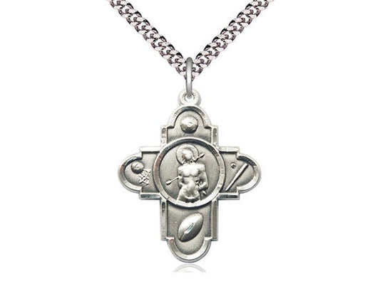 5-Way St Sebastian Sports Sterling Silver Pendant on a 24 inch Light Rhodium Heavy Curb Chain.