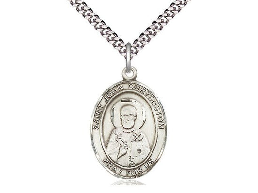 St John Chrysostom Pendant on a 24 inch Light Rhodium Heavy Curb Chain.